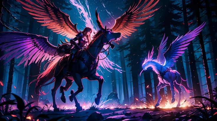 Valkyrie with fiery red wings, Vikings, Fairy-tale world, purple neon glow, Dark magical forest