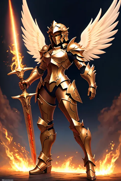 Full body heavily armored angel with flaming sword Full body