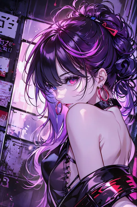 hair above one eye, red eyes, clear eyes, choker, neon shirt, torn legwear, open jacket, towards the wall, brick wall, graffiti,...