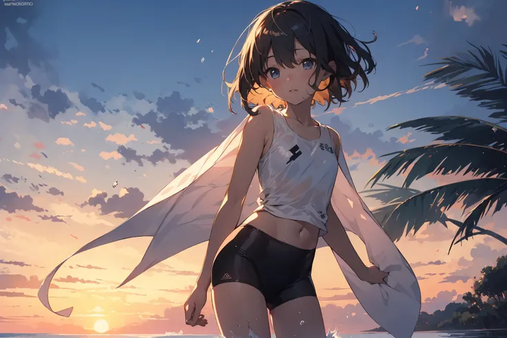 Super high quality by the art god, super detailed, High resolution, Kyoto animation style, anime moe art style, best anime 8K konachan wallpaper, pixiv contest winner, perfect anatomy, break,(Please draw a picture of a girl in a swimsuit walking on the bea...