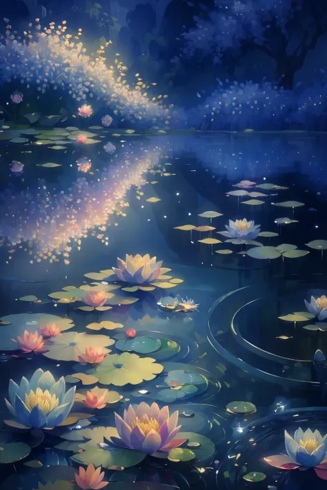 (best quality,highres,masterpiece:1.1),ultra-detailed,CG rendering,8K wallpaper,(vivid colors:1.2),water lilies,delicate petals,landscape,reflection