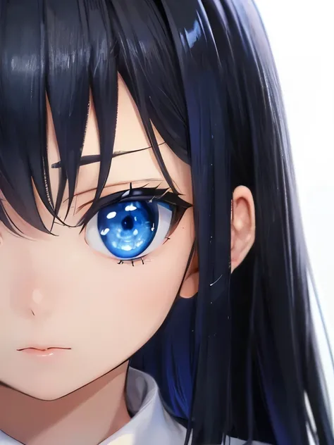 Girl, short, small, black hair, emotionless, expressionless, long hair, long white shirt, blue eyes, bright blue eyes, pretty eyes, beautiful eyes, close up, detailed eyes, kuudere