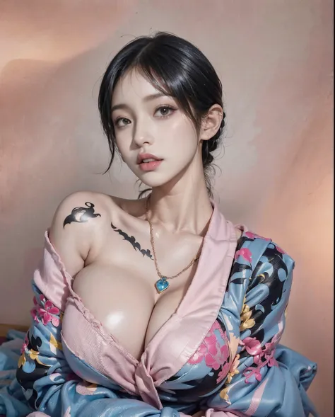 There was a woman with a tattoo on her chest，Wear a pink top, sakimichan, ulzzangs, Yoshitomo Nara, Korean girl, yanjun cheng, Middle metaverse, xision wu, 🤤 girl portrait, chengyou liu, sun yunjoo, inspired by Yanjun Cheng