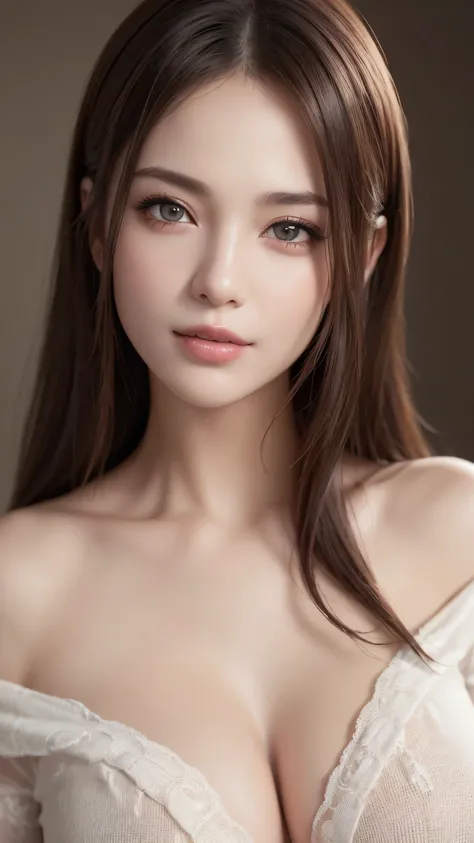 1woman, (Ultra realistic, high res), (highly detailed eyes, highly detailed hair, highly detailed face, highly detailed plump lips), (off shoulder with open breasts), breasts, upper body, caute smile, (best quality:1.4), Raw photo, (realistic, photo-realis...