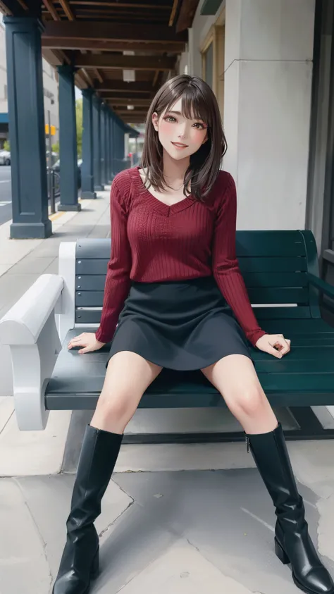 Photo taken by a professional photographer，laughter:1.5，Close-up of a woman squatting on the sidewalk, wearing a sweater, Short-cut brown hair, hair is disheveled，young and cute girl, Wearing a super super mini flared skirt:1.5，Wear stylish boots，sit on a ...