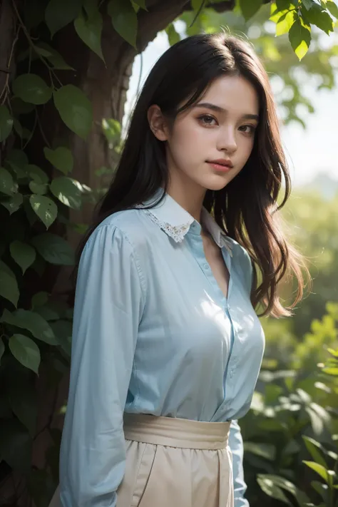 (best quality,masterpiece:1.2), ultra-detailed, (photorealistic:1.4), 1girl, light smile, shirt with collars, waist up, dramatic lighting, from below, soft pastel colors, dreamy lighting, flowing hair, greenery in the background, fine brushstrokes