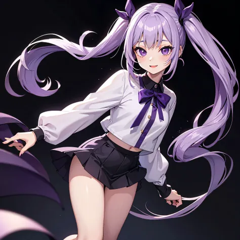 light purple twintail hair girl, pale skin, purple lips, black long sleeves clothes, dark purple mini skirt, happy, 20-year-old