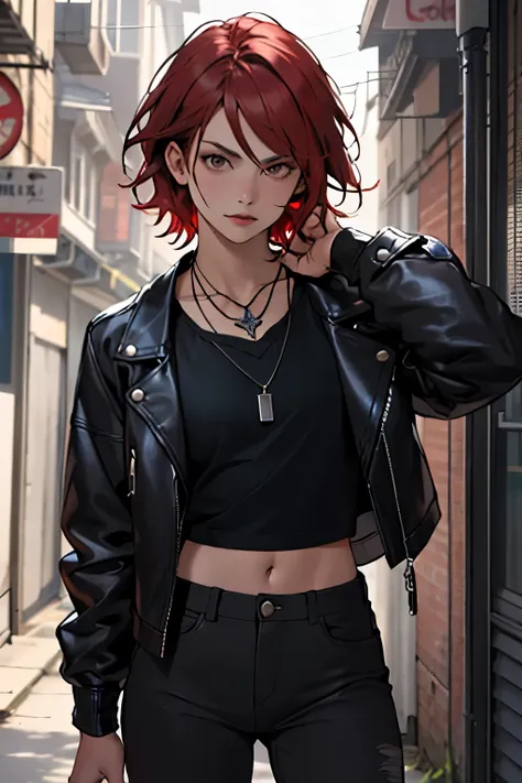 ((best quality)), ((artwork)), (detailed), perfect face, a woman Dressed in a worn leather jacket, showing scars, Wears a black t-shirt under the jacket and sturdy combat pants. Short red hair, styled in a practical way, Intense brown eyes, wearing a neckl...