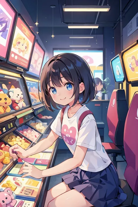 A girl looking into a stuffed animal picking game at a game center、sparkling eyes、smile、