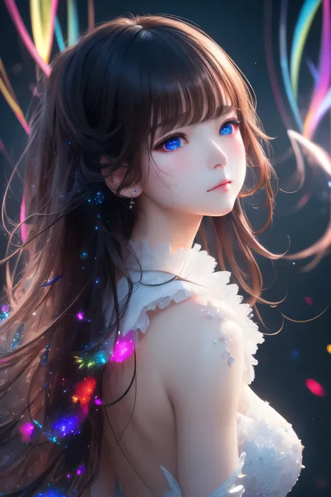 best quality, 32k, RAW photo, incredibly absurdres, extremely detailed, delicate texture, bust up of a beautiful woman with a sad expression looking back, many seven-colored light particles bursting in the fog, fantastic and mysterious