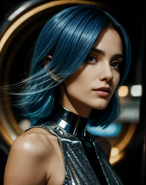 Transport yourself to the edge of tomorrow, where cutting-edge technology meets timeless beauty with blue hair. Witness the meticulous process of stable diffusion as it transforms an ordinary girl into a vision of futuristic elegance, her flowing locks dye...