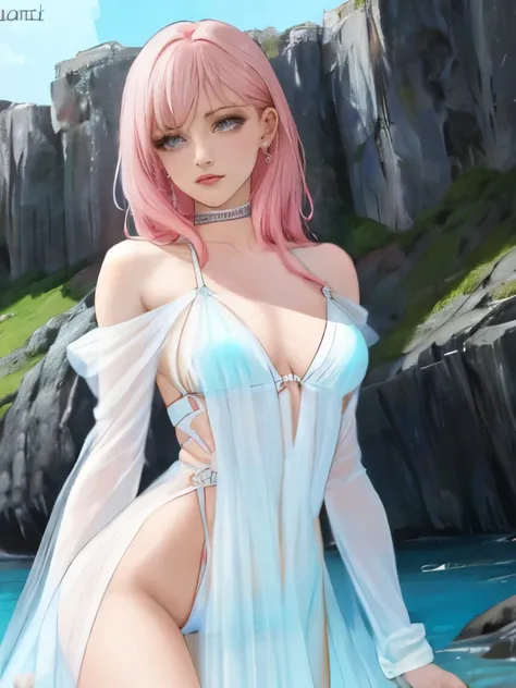 Beautiful and slim perfect body、very long light pink hair、cool look、whole body expression、medium breasts、off-shoulder white bikini armor、Light blue see-through dress、The background is a dark and desolate land