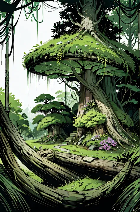 Lush forest and plantlife.