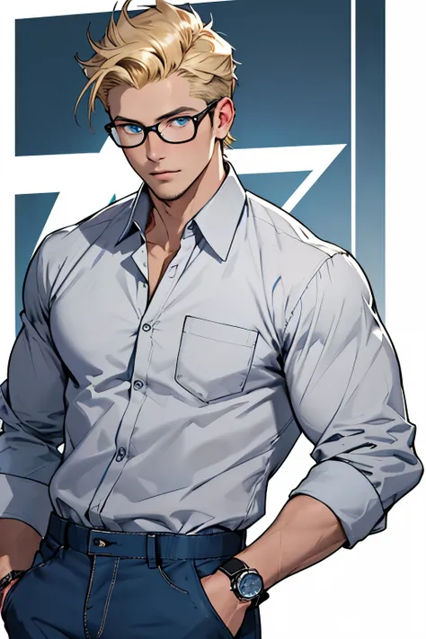 ((best quality)), ((artwork)), (detailed), perfect face, a man Wearing a white long-sleeved shirt and faded gray pants, with his hands in his pocket, Blonde hair, cut short with a straight quiff in a tidy manner, Piercing blue eyes, Wearing rectangular gla...