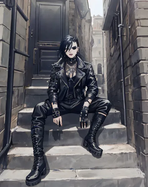 Arafed in a black leather jacket sits on the steps in front of the door, wear a cyberpunk leather jacket, leather clothing and boots, black Gothic jacket, Wearing skin with spikes, all black cyberpunk clothing, Gothic punk clothes, Gothic jacket, wear a fu...