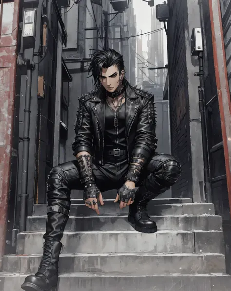 Arafed in a black leather jacket sits on the steps in front of the door, wear a cyberpunk leather jacket, leather clothing and boots, black Gothic jacket, Wearing skin with spikes, all black cyberpunk clothing, Gothic punk clothes, Gothic jacket, wear a fu...