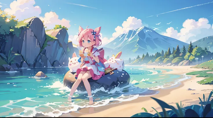 photoRealstic、Illustration of a girl on the beach,She is a magical girl、however、Magic can fail