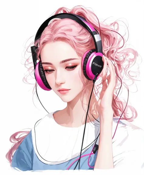 Close-up of a woman with headphones on her head, pinkのヘッドフォン, With headphones, Listen to the music, With headphones, digital illustration style, girl using headphones, Vibrate according to music, 非常にHigh quality artワーク, exquisite digital illustration, High...