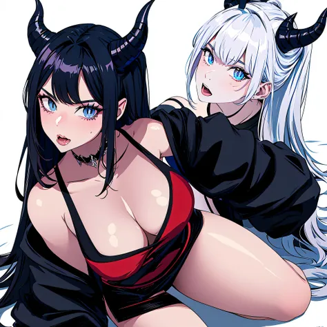 make a portrait of a devil horned Kim kardashian in anime style in black sexy underwear, make her so sexy and give her a position on her knees and she looks in the camera and open the mouth waiting for a cumshot, blue eyes