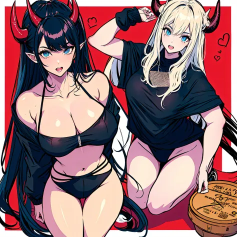 make a portrait of a devil horned Kim kardashian in anime style in black sexy underwear, She has big and a big as but thin body,give her a position on her knees and you can see her string tanga and she looks in the camera and open the mouth waiting for a c...