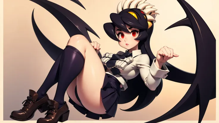 Filia, wearing a sexy black and short skirt, with black socks, brown shoes, a tiny white skirt and a tiny black tie, big breasts, wide hips, tiny waist, big thighs, big ass, long hair, detailed eyes, anatomically perfect body, long legs, feminine and beaut...