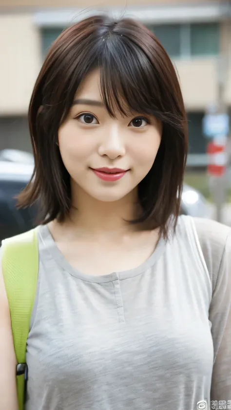 a close up of a woman with a short hair and a gray shirt, with short hair, chiho, 奈良美智, neat hair with bangs, narumi kakinouchi, lee ji - eun, lee ji-eun, heonhwa choe, girl cute-fine-face, aoi ogata