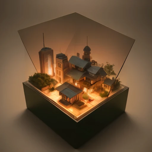 small realistic model, (bifurcation, original photo, best quality, masterpiece:1.4),Steampunk Cyberpunk 1820 City,(Cyberpunk light:1.3), Mards,horizon (related to land),(in a small nature box:1.3),Isometric, small nature, landscape on foundation,landscape,