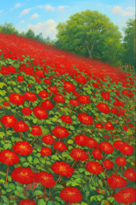 there are many red flowers in the garden with green leaves, a pastel by Stefan Gierowski, shutterstock, fine art, vibrant but dreary red, red flowers, red blooming flowers, dominating red color, very red colors, red flowers of different types, glowing red,...