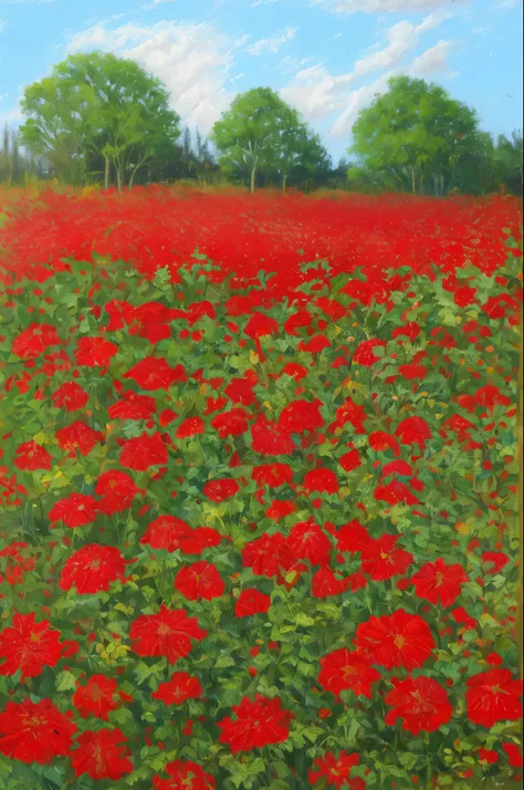 there are many red flowers in the garden with green leaves, a pastel by Stefan Gierowski, shutterstock, fine art, vibrant but dreary red, red flowers, red blooming flowers, dominating red color, very red colors, red flowers of different types, glowing red,...