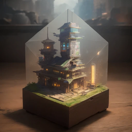 small realistic model, (bifurcation, original photo, best quality, masterpiece:1.4),Steampunk Cyberpunk 1820 City,(Cyberpunk light:1.3), Mards,horizon (related to land),(in a small nature box:1.3),Isometric, small nature, landscape on foundation,landscape,