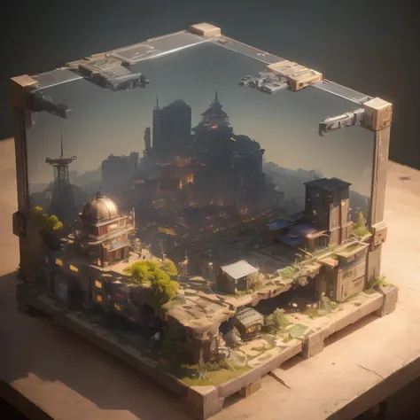 small realistic model, (bifurcation, original photo, best quality, masterpiece:1.4),Steampunk Cyberpunk 1820 City,(Cyberpunk light:1.3), Mards,horizon (related to land),(in a small nature box:1.3),Isometric, small nature, landscape on foundation,landscape,