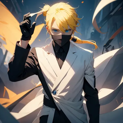 solo male, white robes, Blue eyes, black pants, black gloves, (Face full mask), Yellow hair, (Tied back Ponytail), mask face, fantasy