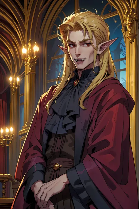 elf ears,fangs, (solo:1.3), (mid shot:1.3), (((((looking at the viewer))))), handsome aristocratic ((((1boy)))) (vampire) male standing in the majestic castle hall, chiseled features, tousled locks that cascade down to his broad shoulders