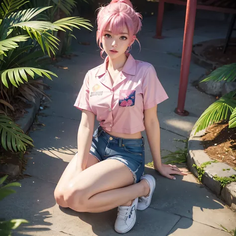 Masterpiece, best quality, (very detailed CG unity 8k wallpaper) (best quality), (best illustration), (best shadows), single female, sailor moon hair, full body, pink hair, anime, short sleeve button up hawaiian shirt with flowers, jean shorts, dark city w...