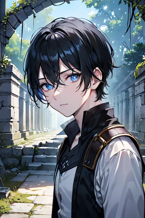 male　black hair　blue eyes　very short hair　one person　ancient ruins 　dense forest　ancient ruins　waterside　masterpiece　Highest image quality　noise removal　clear parts 　cinematic shadow　Increased attractiveness of the eyes　clear parts the shine of the eyes　Dr...