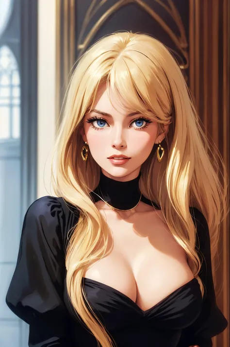 arafed woman in a black dress with a gold brooch, a colorized photo by Allan Linder, trending on cgsociety, pop art, brigitte bardot, claudia schiffer, woman looks like sharon tate, gorgeous face and figure, gorgeous and beautiful, gorgeous beautiful woman...