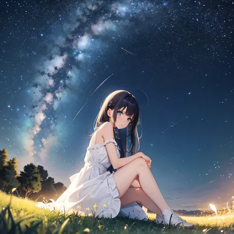 starry sky，grassland，A 20-year-old girl in a short white dress is sitting under a tree，少女はstarry skyを見上げた，longing，night，Distant view -- automatic