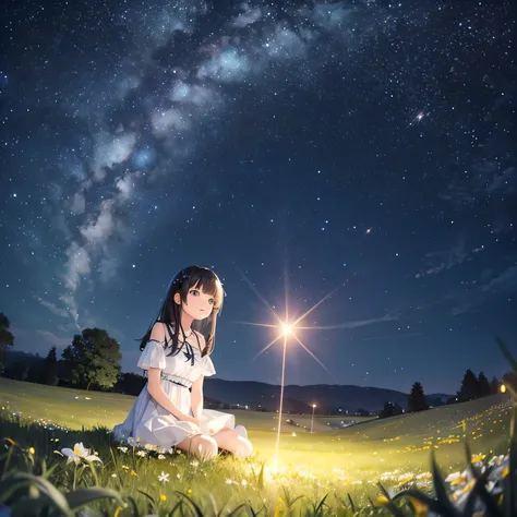 starry sky，grassland，A 20-year-old girl in a short white dress is sitting under a tree，少女はstarry skyを見上げた，longing，night，Distant view -- automatic