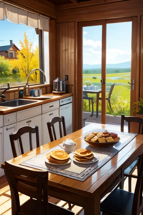 pancakes are on the table, Russian samovar, summer, birch trees outside the window, 4k, overall plan, ultra quality