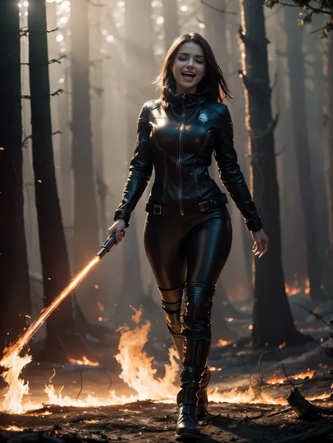 Scene from Movie, an ultra hot gorgeous European Woman, age 23, full body shot, she’s the death, (((laughing)), (((She walks into a forest fire))). Distorted Space, Distorted Undead in the Background, Lens Flares, Light Shafts, Intricate Details, High Deta...