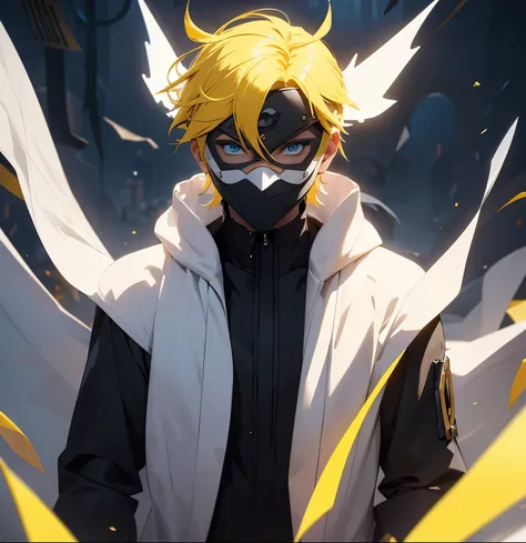 solo male, white robes, Blue eyes, black pants, black gloves, (Face full mask), Yellow hair, mask face, fantasy