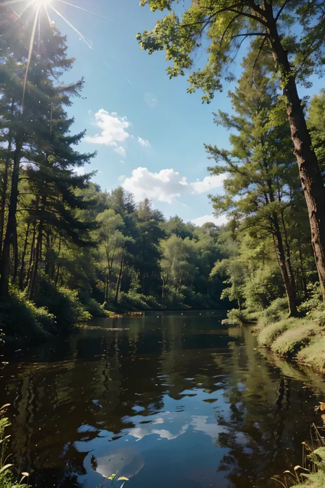 scenary, beautiful, forest, treas, sky, comfortable, sunshine, lake