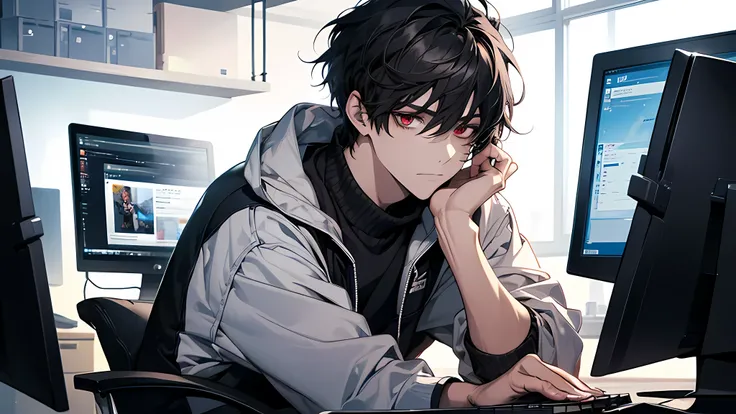 Best quality: 1.0), (Super High Resolution: 1.0), Anime boy, short black hair, red eyes, detailed eyes, detailed nose, detailed face, sitting in front of the computer playing games, background in the dirty room, at the garbage dumb of waste, using a laptop...