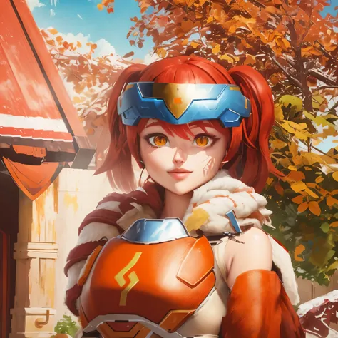 there is a woman with red hair and a helmet, White and orange breastplate, personagem de perto, olhos de brasa brilhantes, em armadura monster hunter, close do personagem, Donzela com cabelo de cobre, personagem de perto, vestindo armadura monster hunter, ...