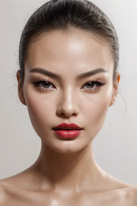 16K, Hyperrealism, photographic quality, 1 girl, Chinese girl, similar in appearance to Linda Evangelista in her youth, mega close-up of the face, shiny facial skin, hypr quality of facial skin, facial pores are visible, lips with bright red lipstick, lips...