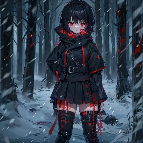 blood red eyes, black hair, black platform boots, Short hair details, black thigh socks, hair covering one eye, black hoodie, black thigh strap, black belt,night，black skirt，forest full of snow，little girl