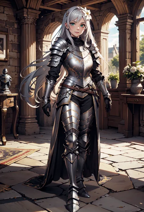 Ultra High Definition, Ultra High Quality, Hyper Definition, Hyper Quality, Hyper Detailed, Extremely Detailed, Perfectly Detailed, 8k, 1 Anime Female, ((Long Silver Hair)), Noble Armor, ((Leg Armor, Armored Pants, Symmetric, Boots Armor)), Gloves, Solid G...
