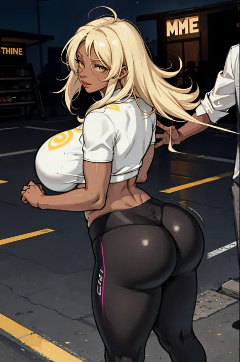 Best quality, massive breasts, massive ass, very curvy, dark brown skin, long blond hair, yellow eyes, slutty, gyaru, full lips, seductive, gym, workout, exercise, white clothes, yoga pants, gym, darkskin, tan, white clothes, pants, man standing behind gir...