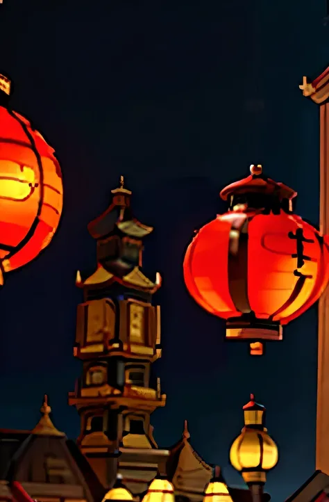 chinese new year lantern with city background with red lantern