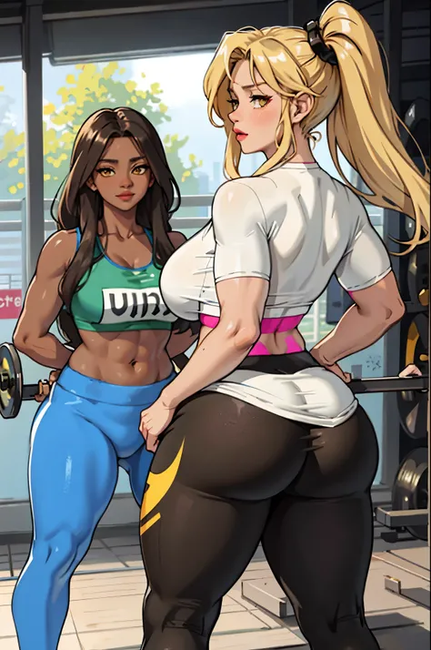 Best quality, massive breasts, massive ass, very curvy, dark brown skin, long blond hair, yellow eyes, slutty, gyaru, full lips, seductive, gym, workout, exercise, white clothes, yoga pants, gym, darkskin, tan, white clothes, pants, man standing behind gir...